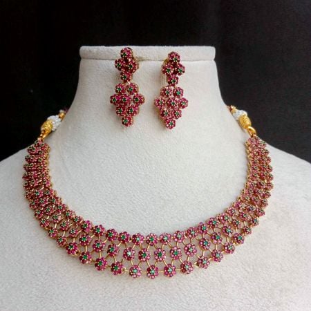 Handmade Brass Metal Jewellery Ruby Green Floral Set